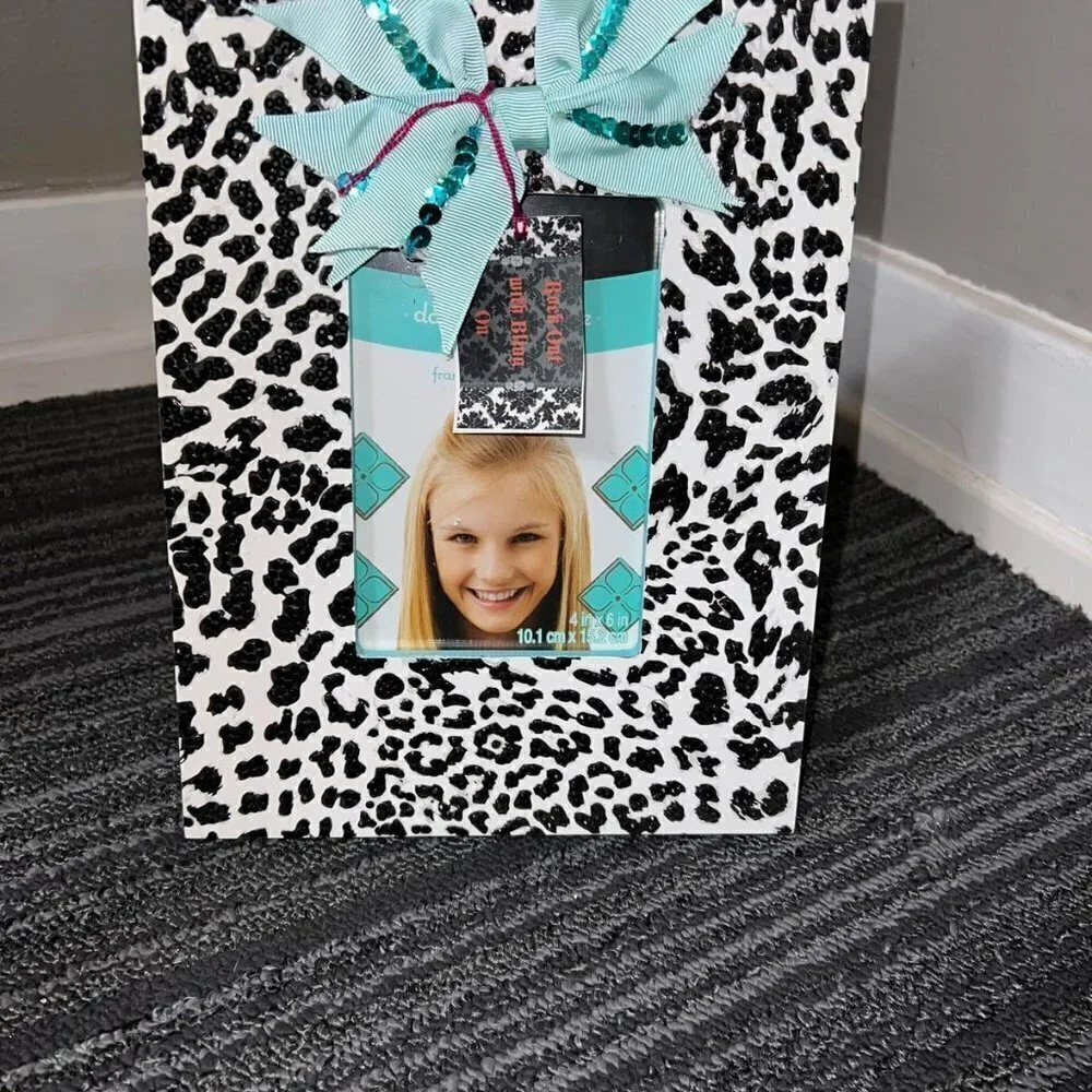 Rhinestone cheetah print sequin bow embellished 4x6 picture frame